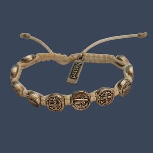 MY SAINT MY HERO Silver and White Benedictine Blessing Medal Macrame Bracelet